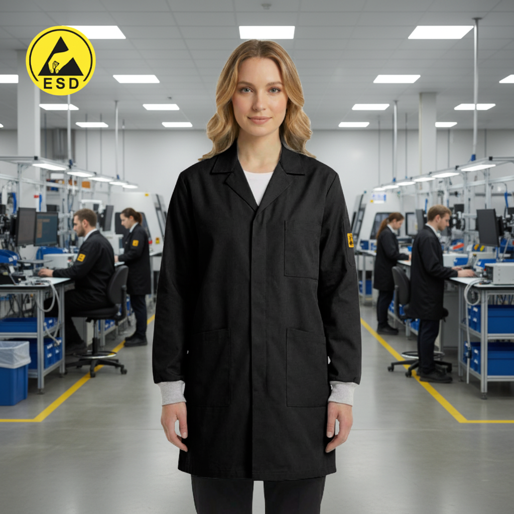 PREMIUM ESD Lab Coat with Cuff (Black) in Factory Scene