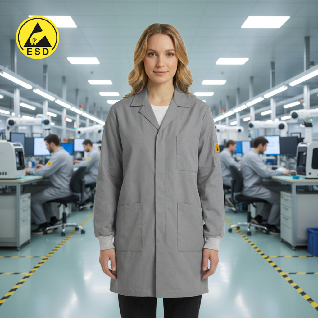 PREMIUM ESD Lab Coat with Cuff (Light Grey) in Factory Scene
