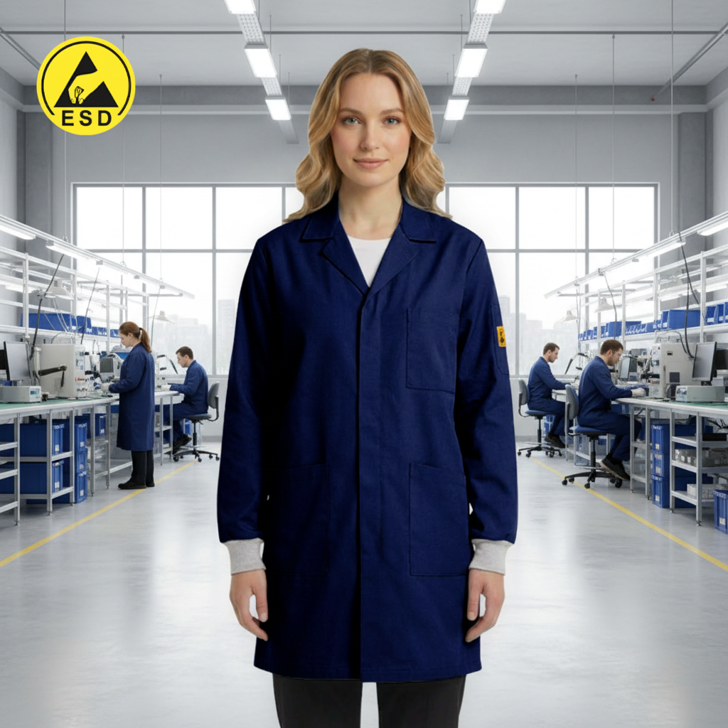 PREMIUM ESD Lab Coat with Cuff (Navy Blue) in Factory Scene