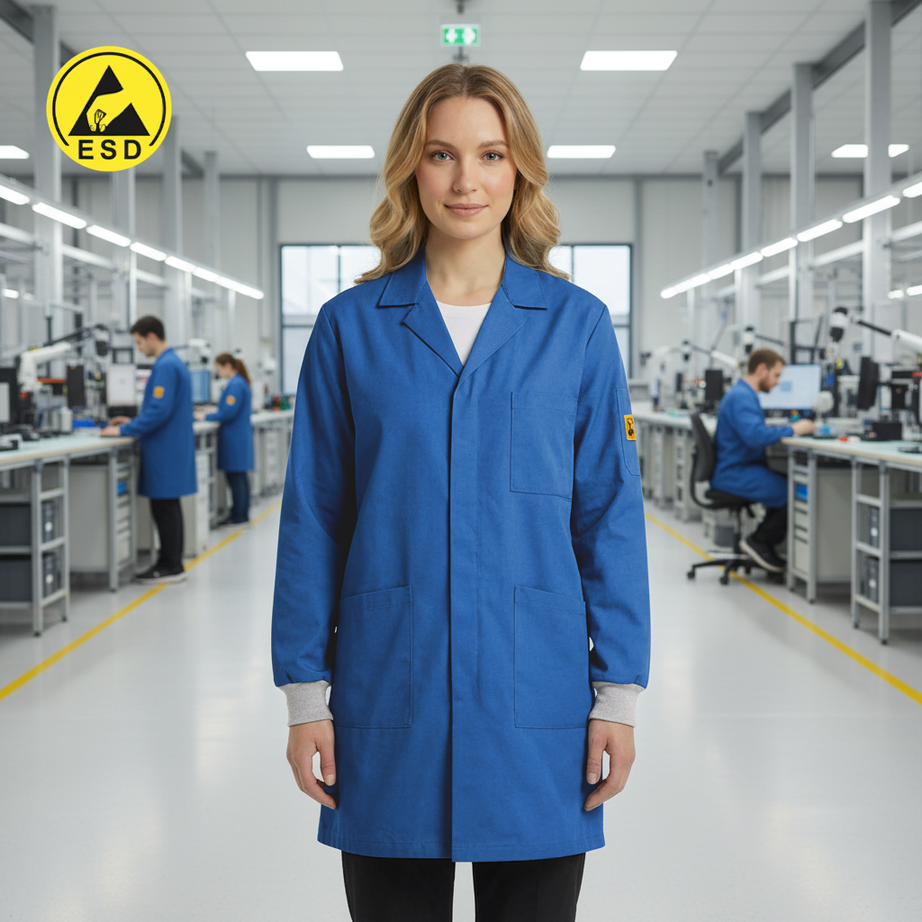 PREMIUM ESD Lab Coat with Cuff (Royal Blue) in Factory Scene