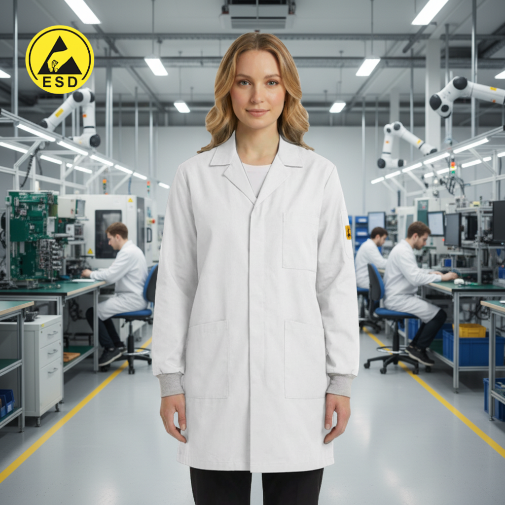 PREMIUM ESD Lab Coat with Cuff (White) in Factory Scene - Centered