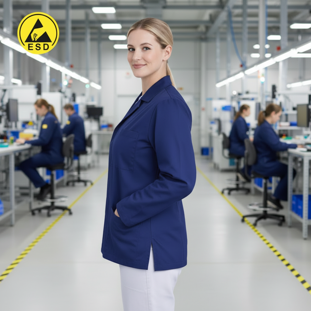 Premium ESD Lab Jacket Navy Blue Side View Looking Forward