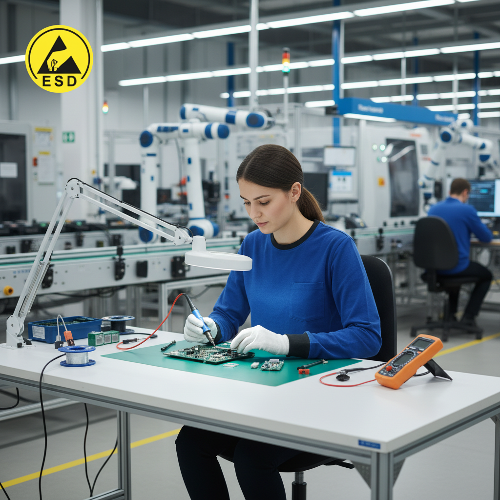PREMIUM ESD Royal Blue Long Sleeve T-Shirt - Woman in Factory Scene
