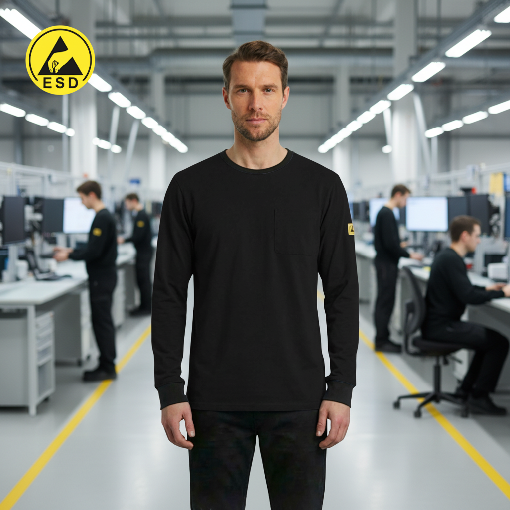 PREMIUM ESD T-Shirt (Black) Long Sleeve in Factory Scene