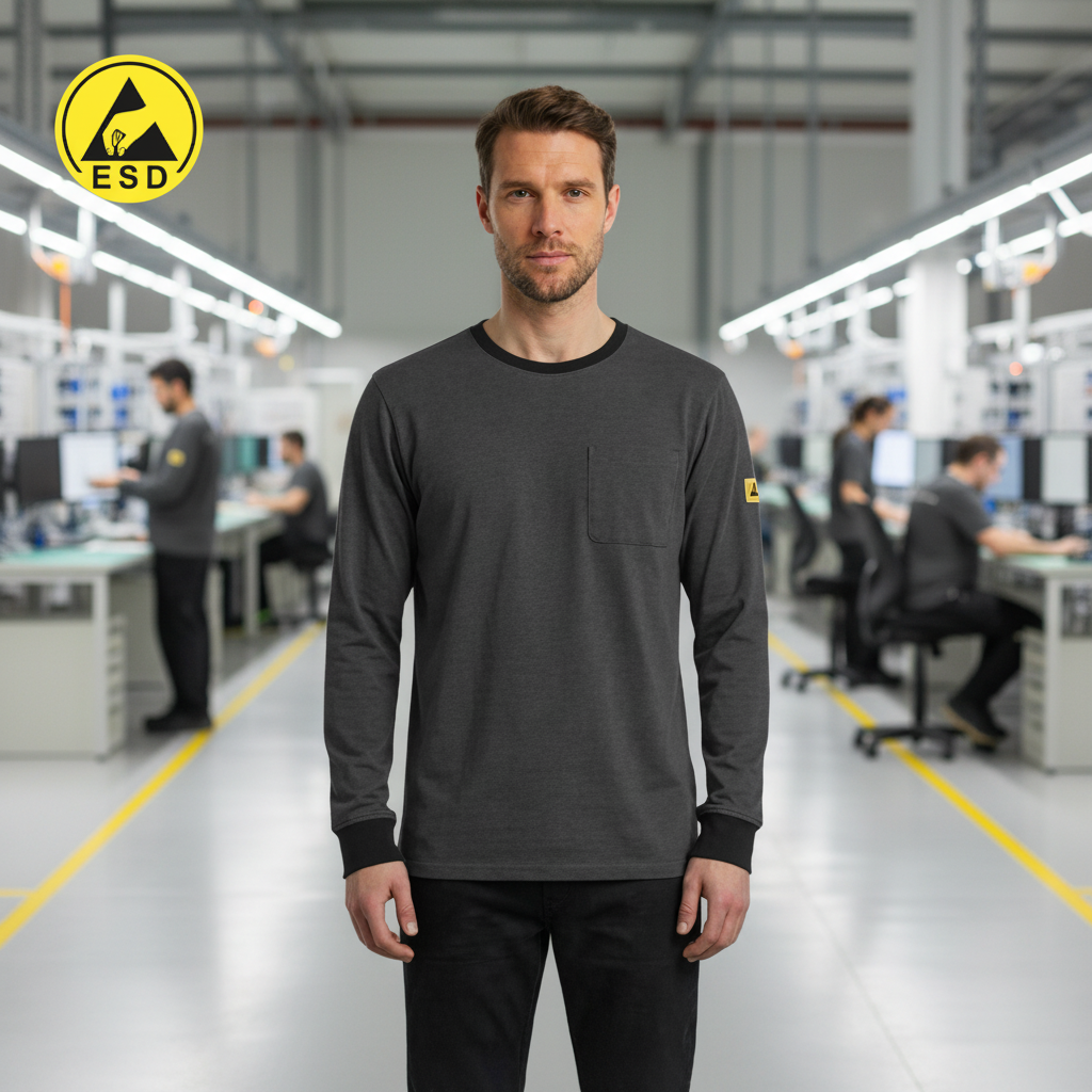 PREMIUM ESD T-Shirt (Dark Grey) Long Sleeve in Factory Scene