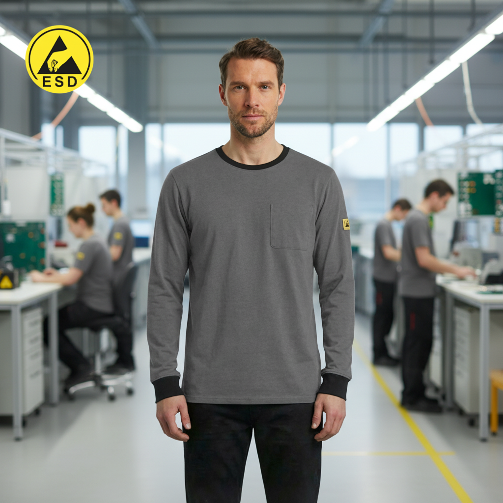 PREMIUM ESD T-Shirt (Grey) Long Sleeve in Factory Scene