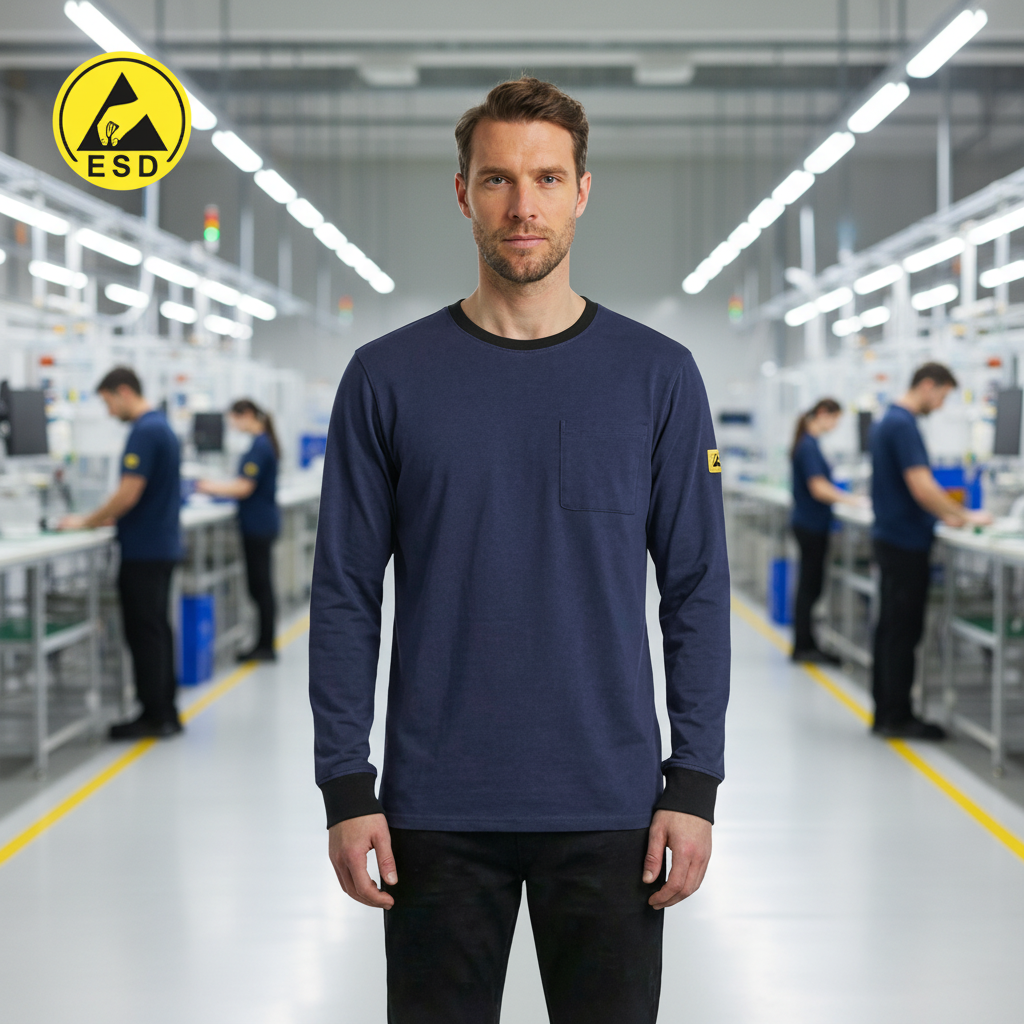 PREMIUM ESD T-Shirt (Navy Blue) Long Sleeve in Factory Scene