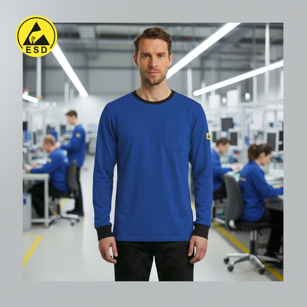 PREMIUM ESD T-Shirt (Royal Blue) Long Sleeve in Factory Scene