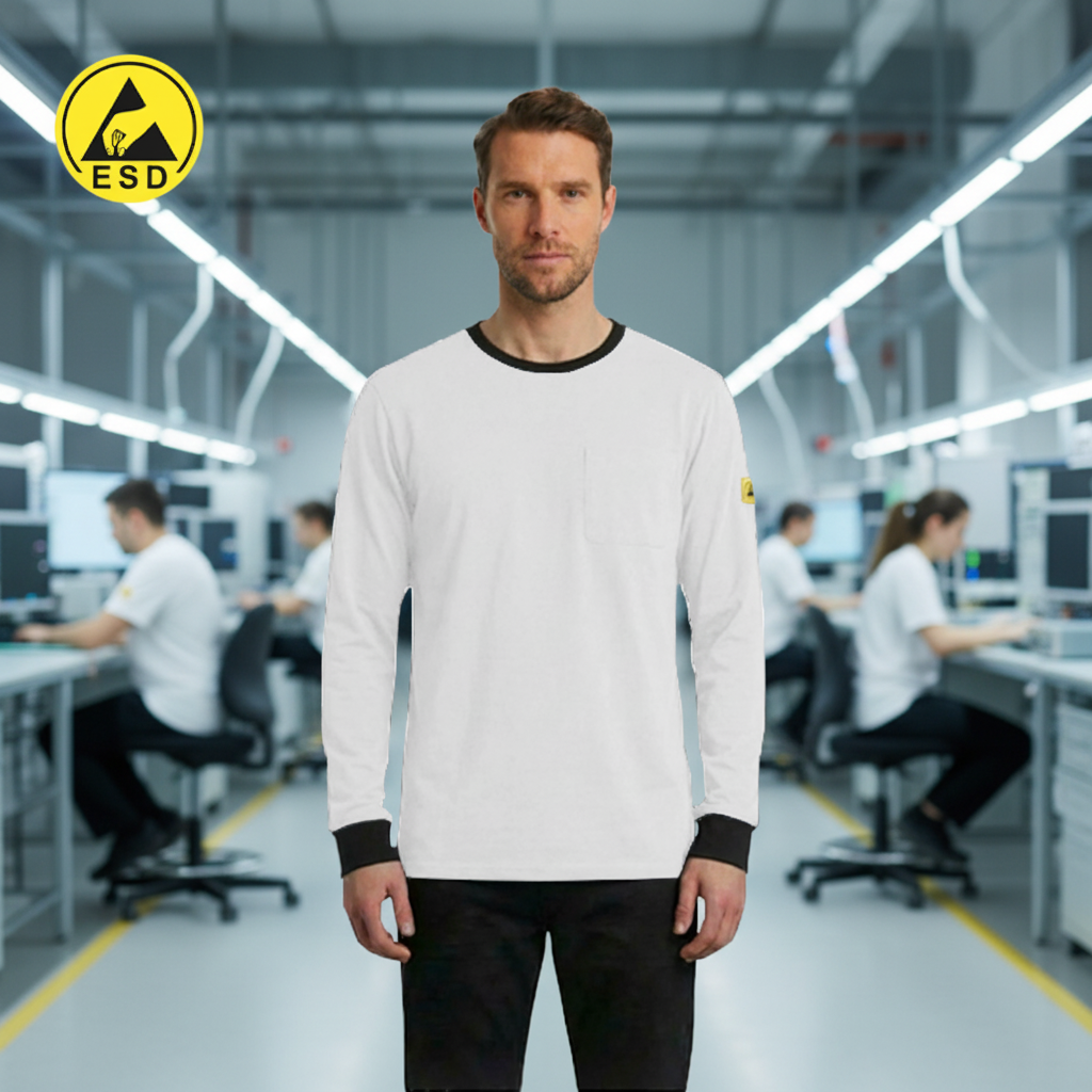 PREMIUM ESD T-Shirt (White) Long Sleeve in Factory Scene