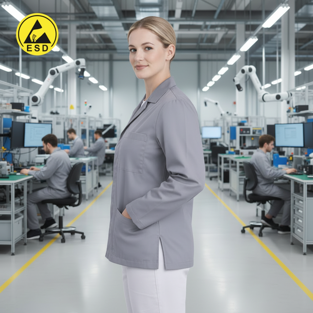 Premium Grey Lab Jacket Factory Scene Side View with Slit