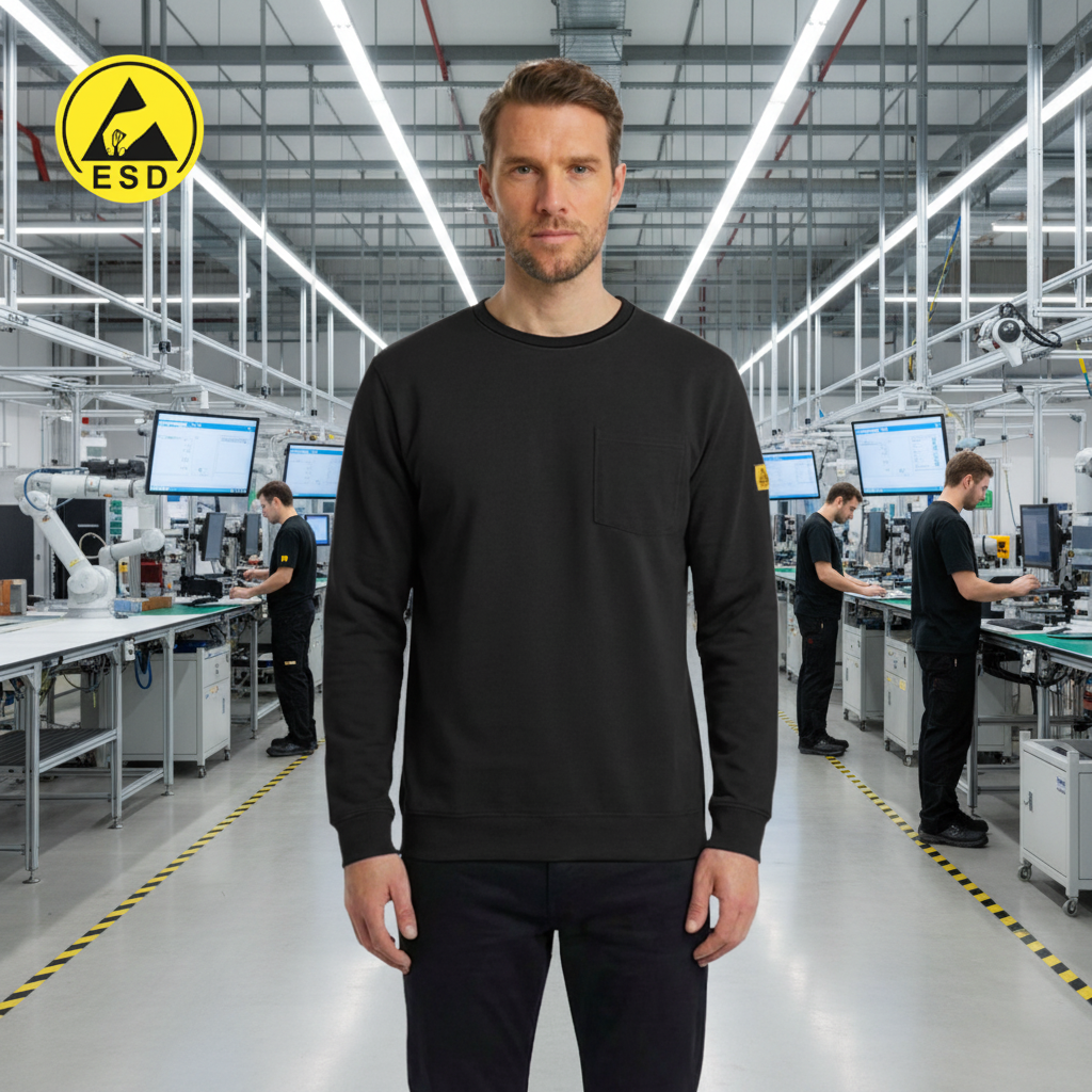 PREMIUM HEAVY DUTY ESD T-Shirt (Black) Long Sleeve in Factory Scene