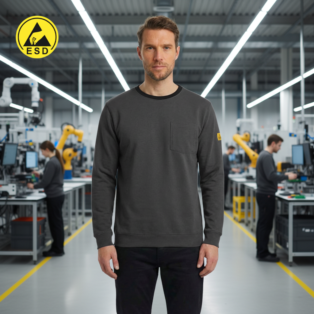 PREMIUM HEAVY DUTY ESD T-Shirt (Dark Grey) Long Sleeve in Factory Scene
