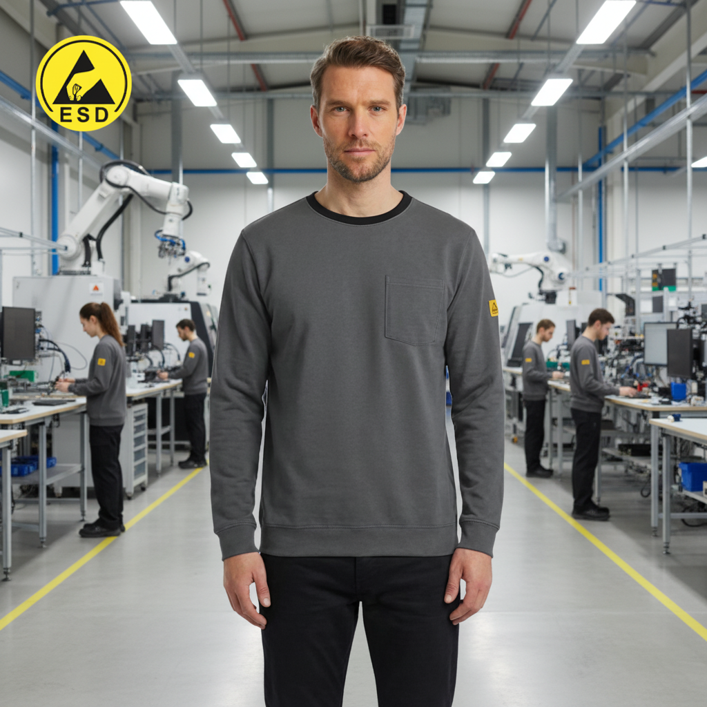 PREMIUM HEAVY DUTY ESD T-Shirt (Grey) Long Sleeve in Factory Scene