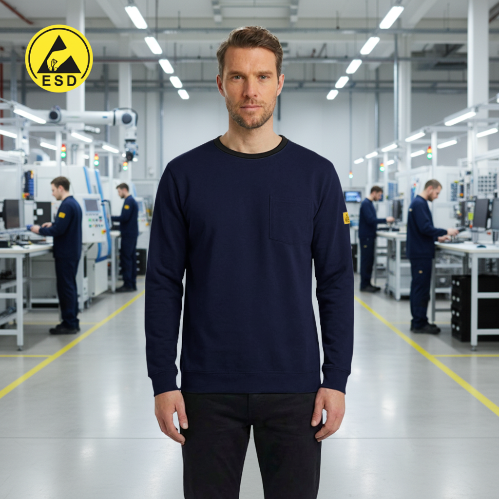 PREMIUM HEAVY DUTY ESD T-Shirt (Navy Blue) Long Sleeve in Factory Scene