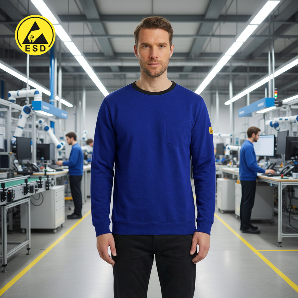 PREMIUM HEAVY DUTY ESD T-Shirt (Royal Blue) Long Sleeve in Factory Scene