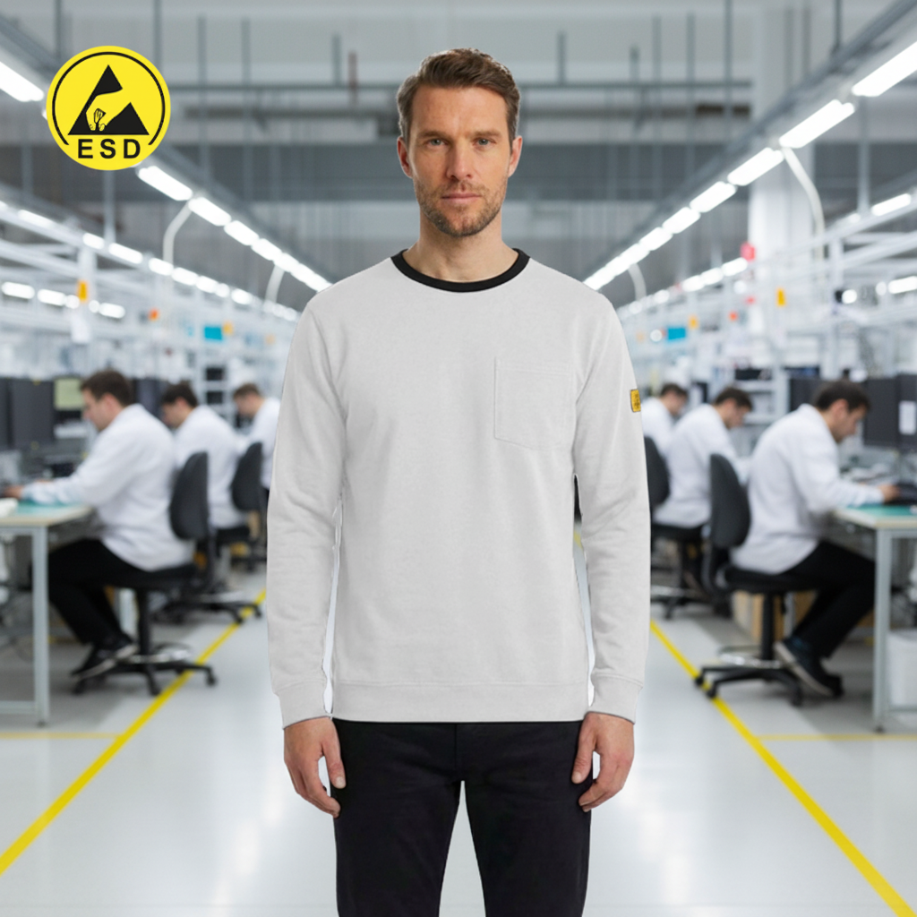 PREMIUM HEAVY DUTY ESD T-Shirt (White) Long Sleeve in Factory Scene