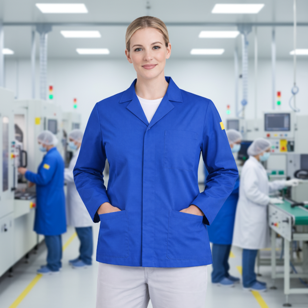 Premium Royal Blue Lab Jacket Factory Scene 1