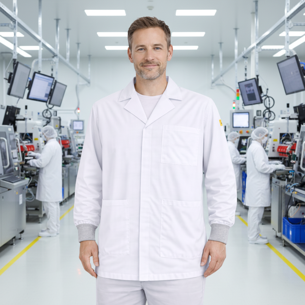 Premium White ESD Lab Jacket Factory Scene 1