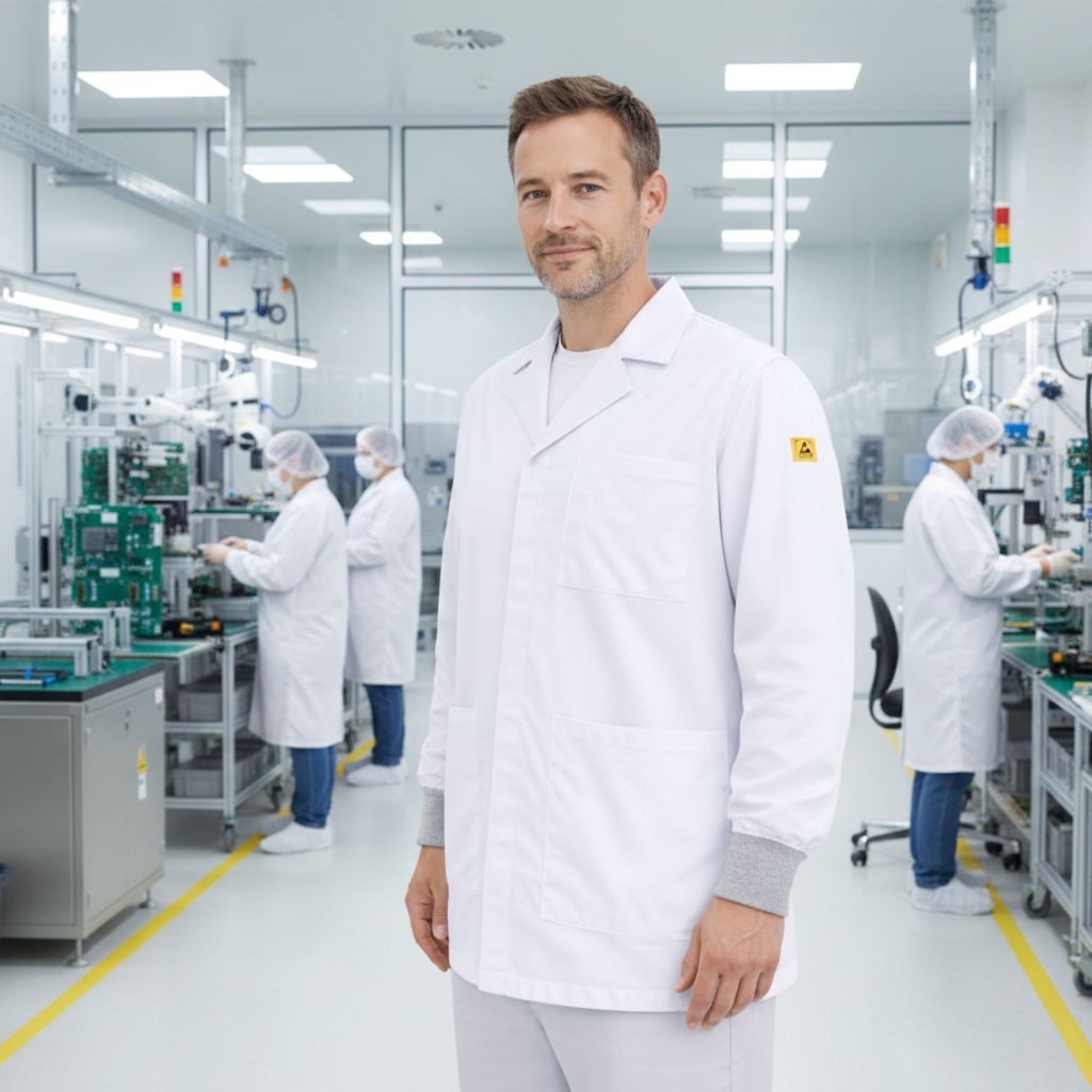 Premium White ESD Lab Jacket Factory Scene 2