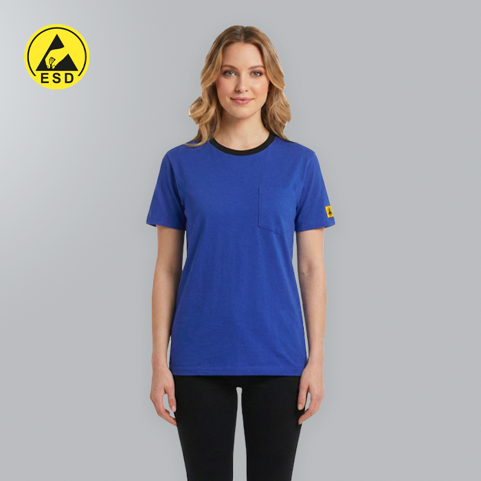 Woman wearing a blue t-shirt with a yellow logo on a gray background