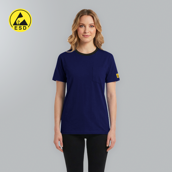 Woman wearing a navy blue t-shirt with a yellow logo on a gray background