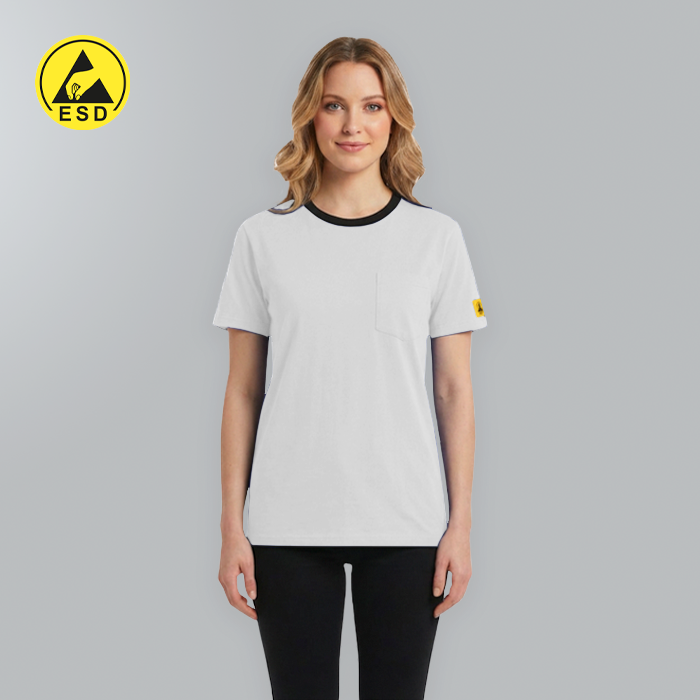 Woman wearing a white t-shirt with black trim on a gray background, featuring an ESD logo.