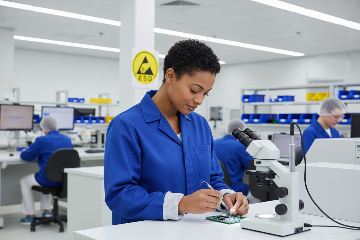 Royal Blue ESD Lab Jacket in Factory Scene