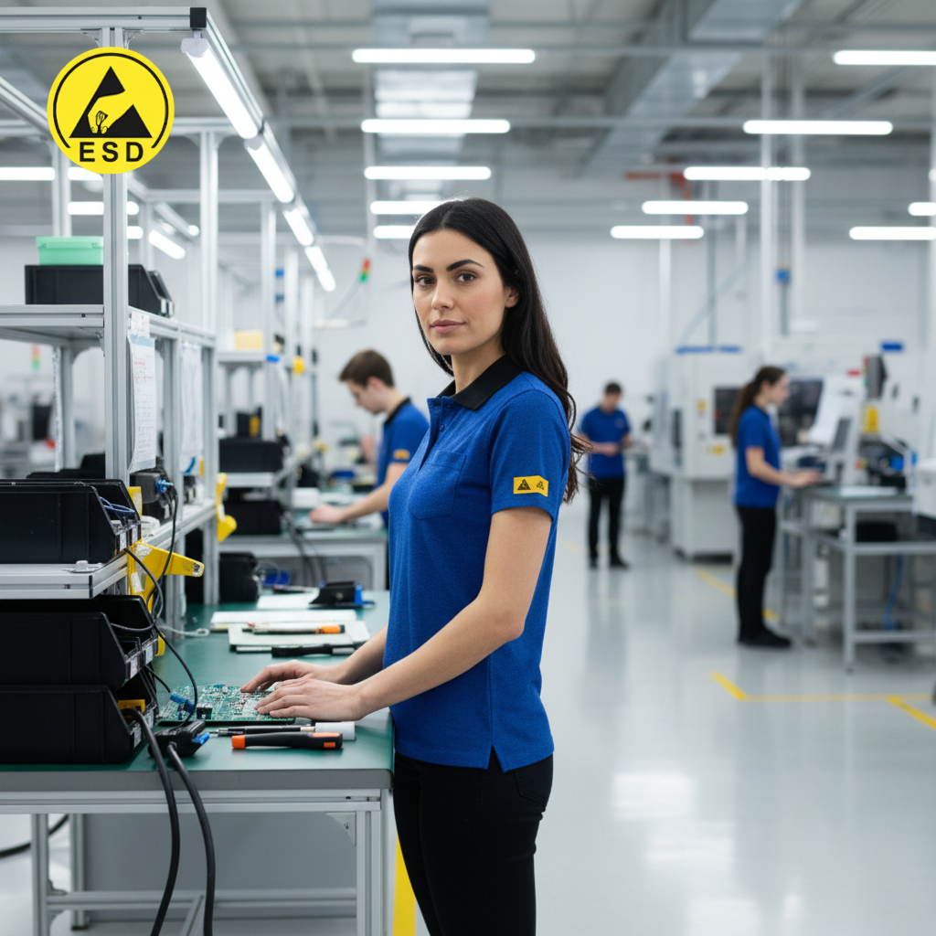 Royal Blue ESD Polo Shirt integrated scene with logo