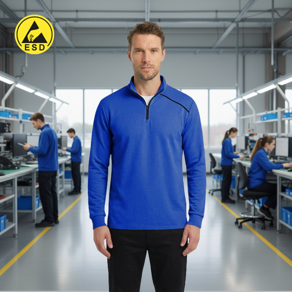 Royal Blue ESD Sweatshirt in Factory Setting
