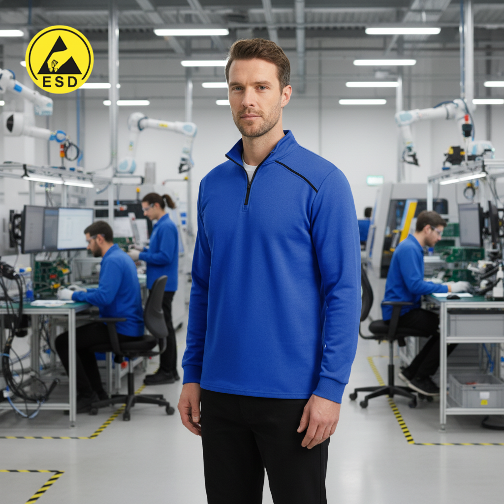 Royal Blue ESD Sweatshirt Worker at Three-Quarter Angle