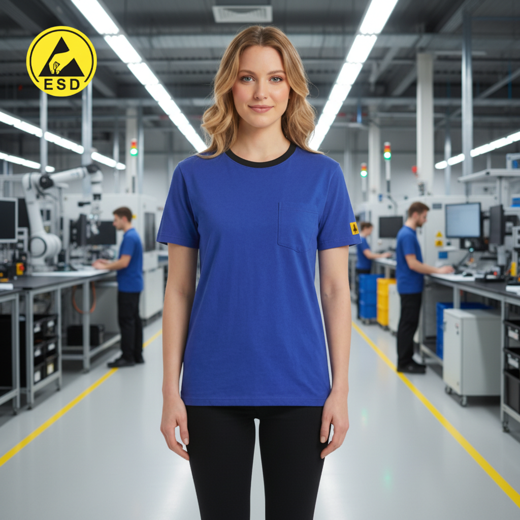 Royal Blue ESD T-shirt in factory setting