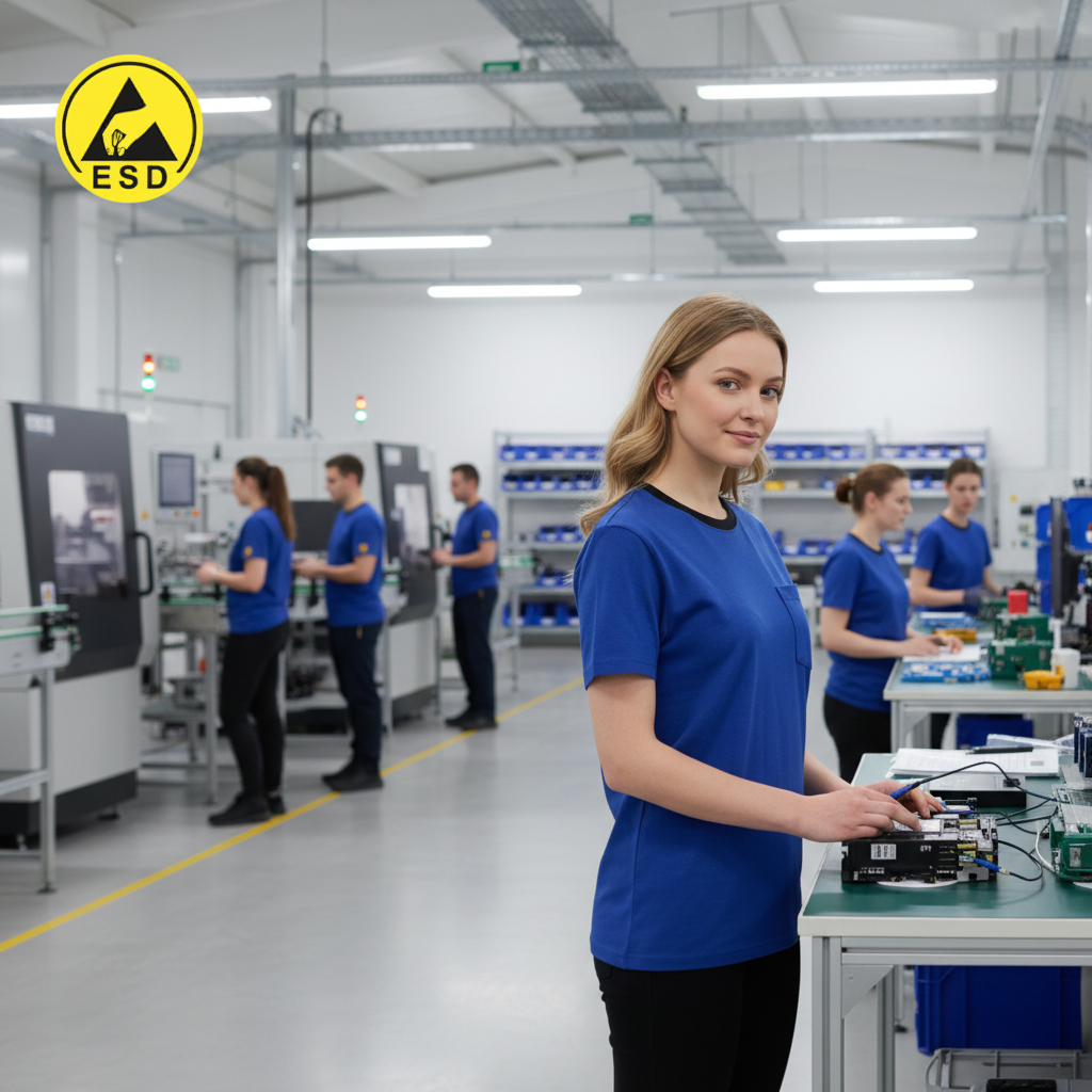 Royal Blue ESD T-shirt worker integrated in factory scene