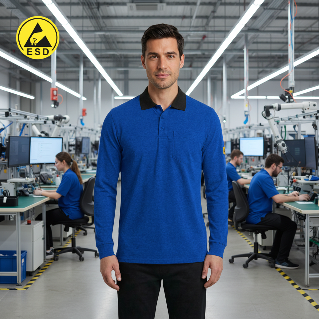 Royal Blue Premium Heavy Duty ESD Polo Shirt Long Sleeve frontal view