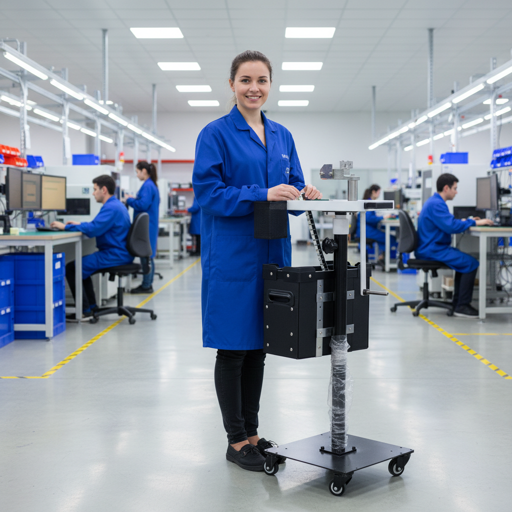 Smiling Western European woman in blue ESD lab coat using ESD SMT Trolley/Splice Cart