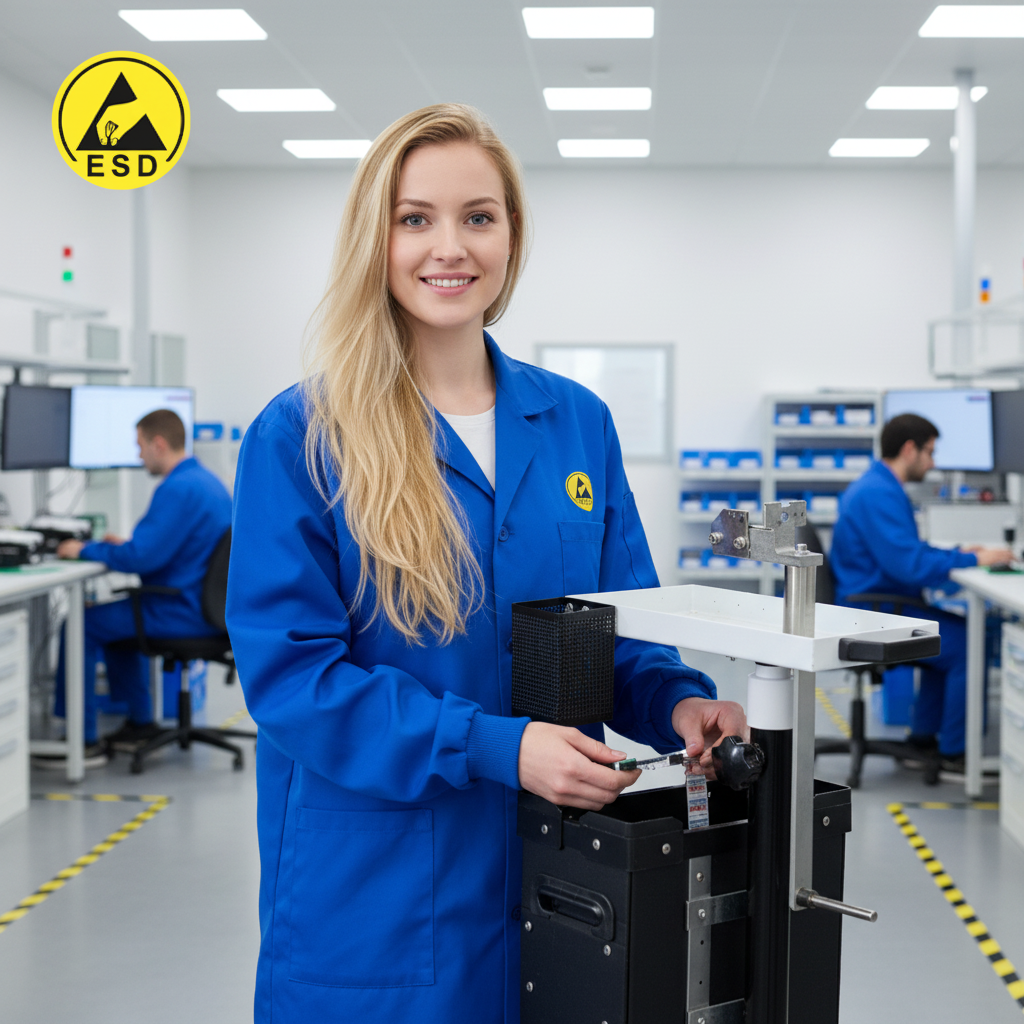 Smiling Western European woman with long blonde hair in blue ESD lab coat using ESD SMT Trolley/Splice Cart