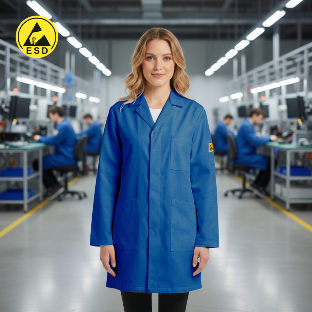 STANDARD ESD Lab Coat (Royal Blue) in Factory Scene - Properly Centered