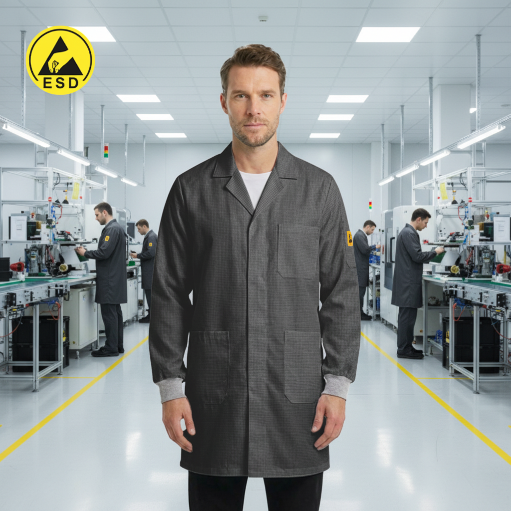 STANDARD ESD Lab Coat with Cuff (Dark Grey) in Factory Scene