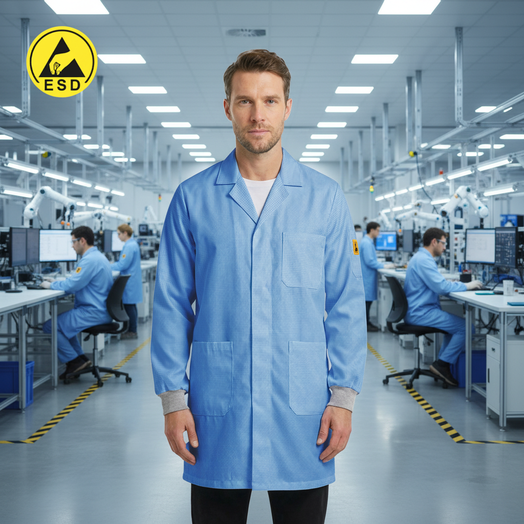 STANDARD ESD Lab Coat with Cuff (Light Blue) in Factory Scene
