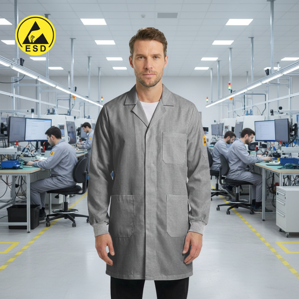 STANDARD ESD Lab Coat with Cuff (Light Grey) in Factory Scene