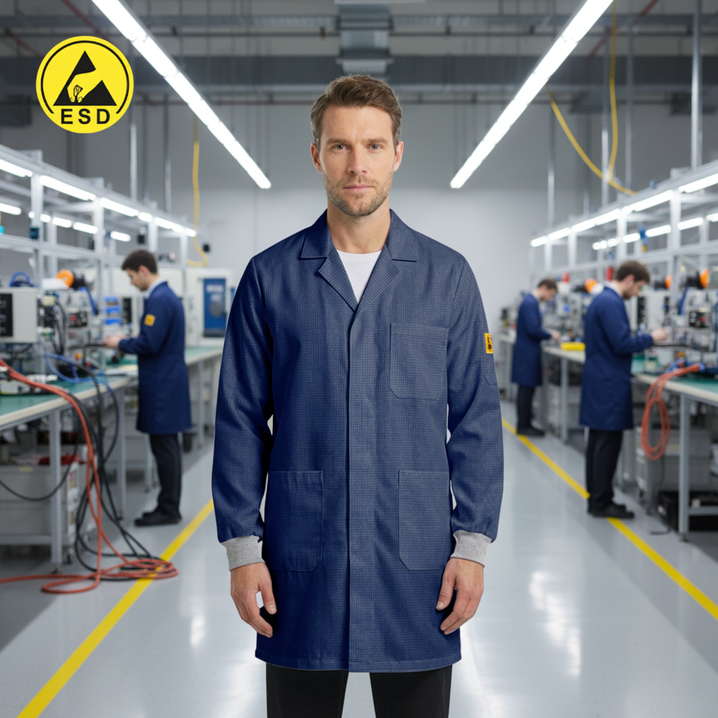 STANDARD ESD Lab Coat with Cuff (Navy Blue) in Factory Scene