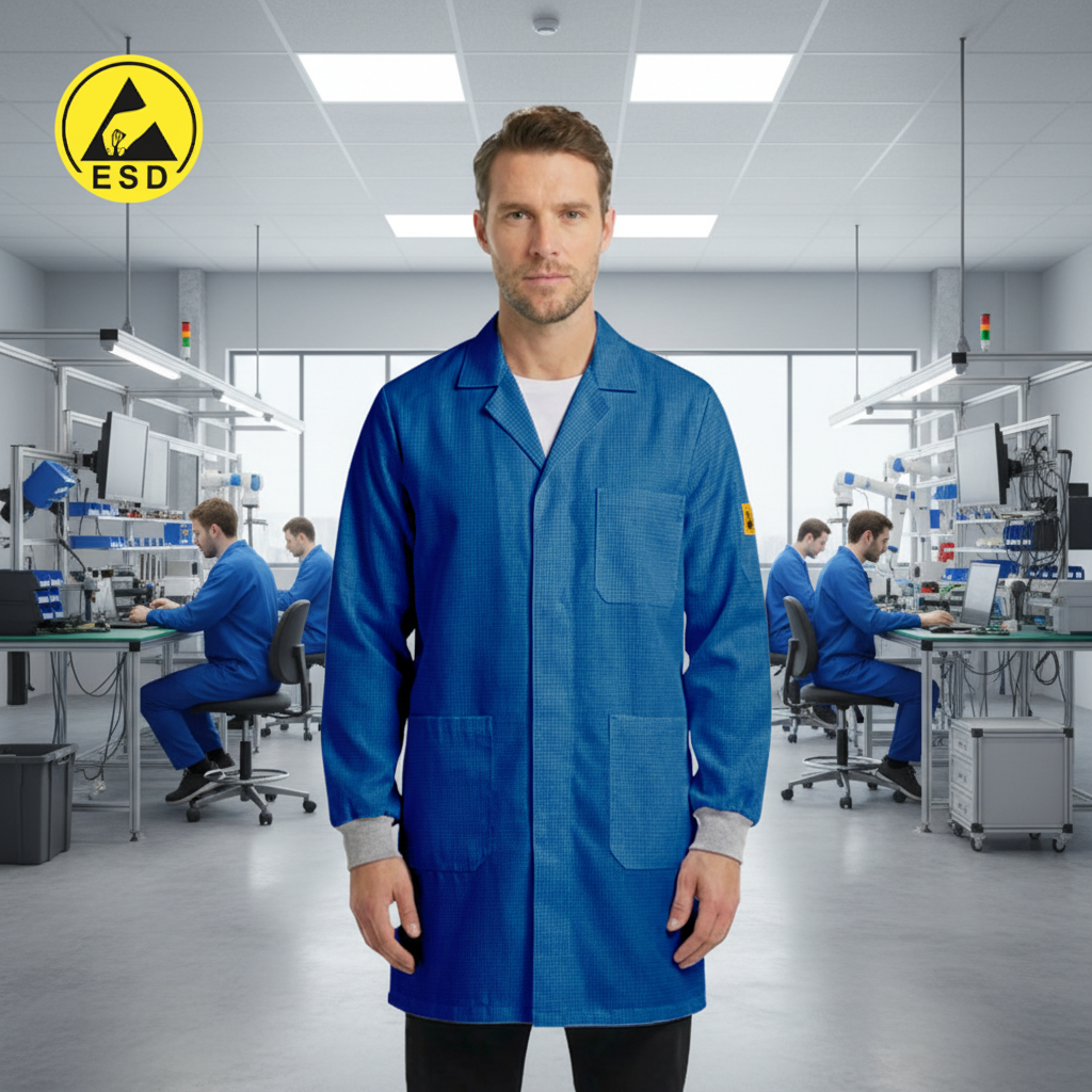 STANDARD ESD Lab Coat with Cuff (Royal Blue) in Factory Scene