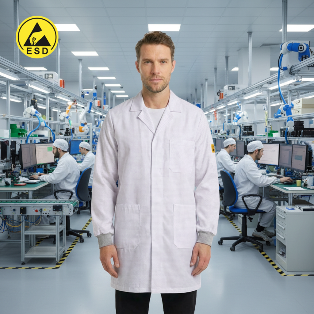 STANDARD ESD Lab Coat with Cuff (White) in Factory Scene