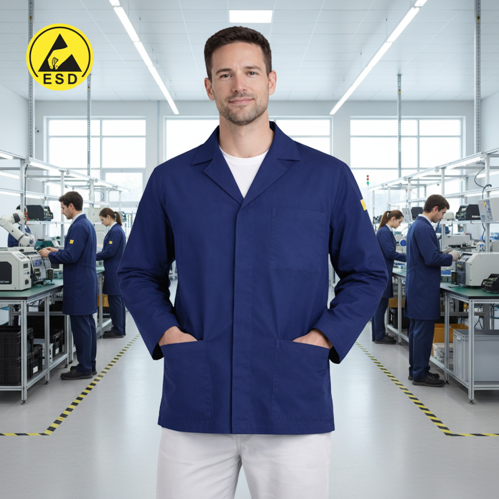 STANDARD ESD Lab Jacket (Navy Blue) in Factory Scene