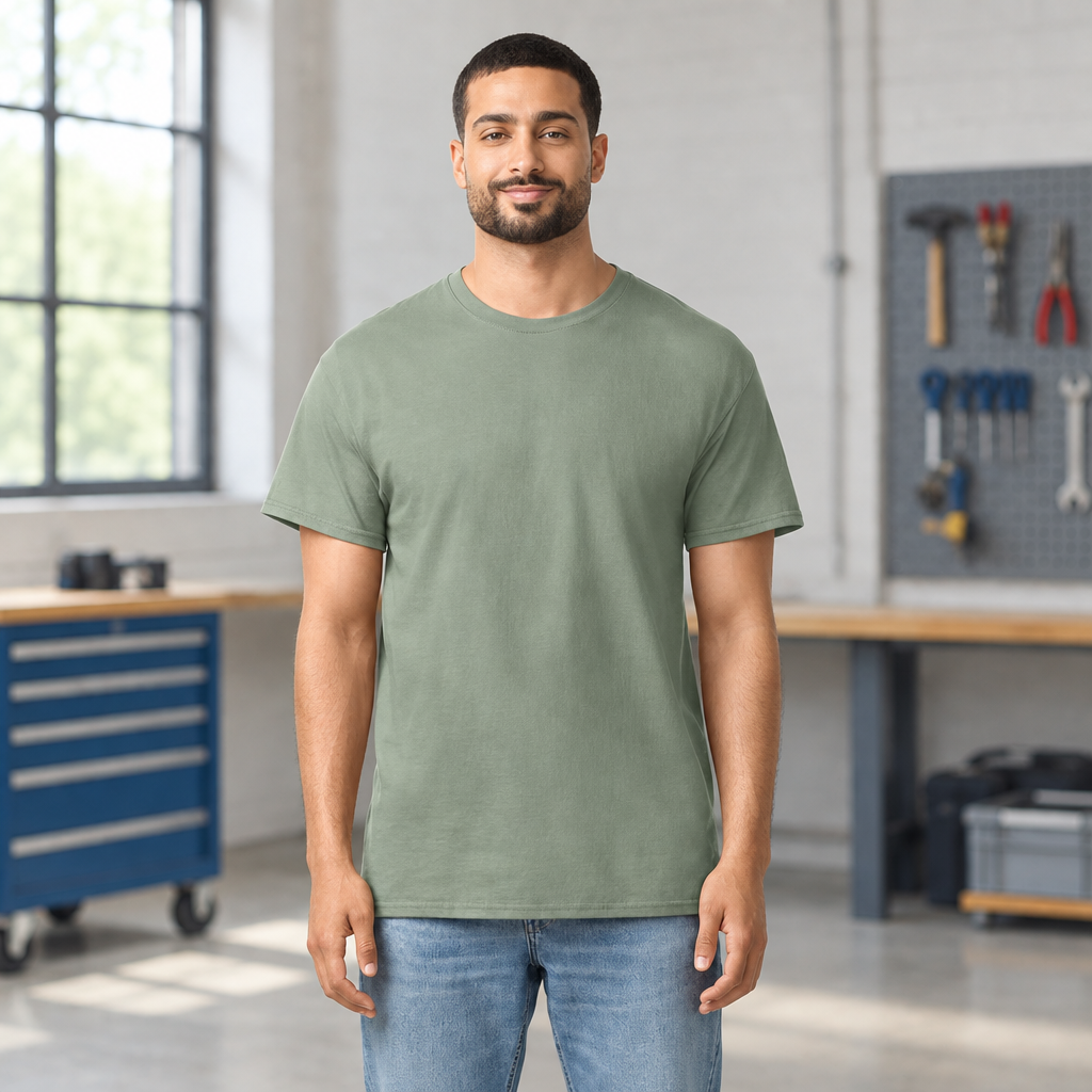 T-shirt with a softly lit workwear-catalogue background