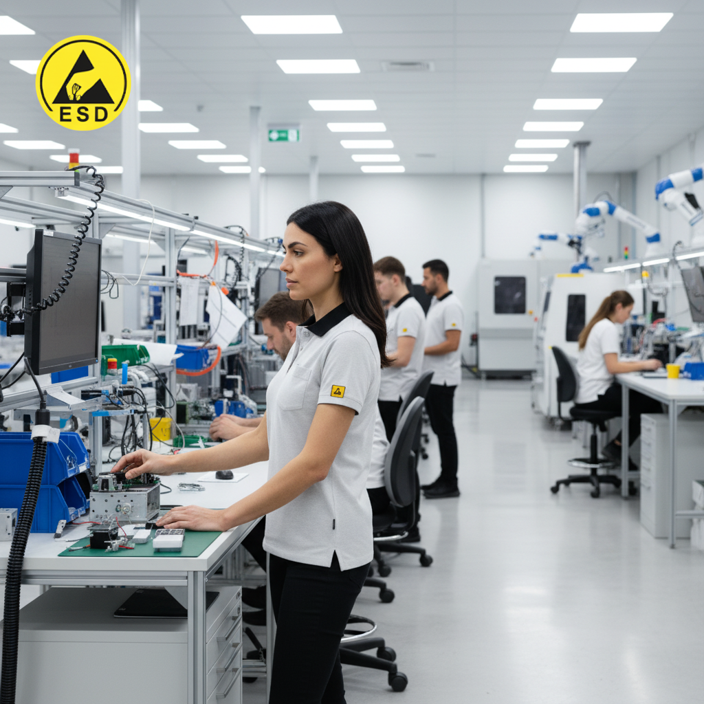 White ESD Polo Shirt integrated scene with round logo