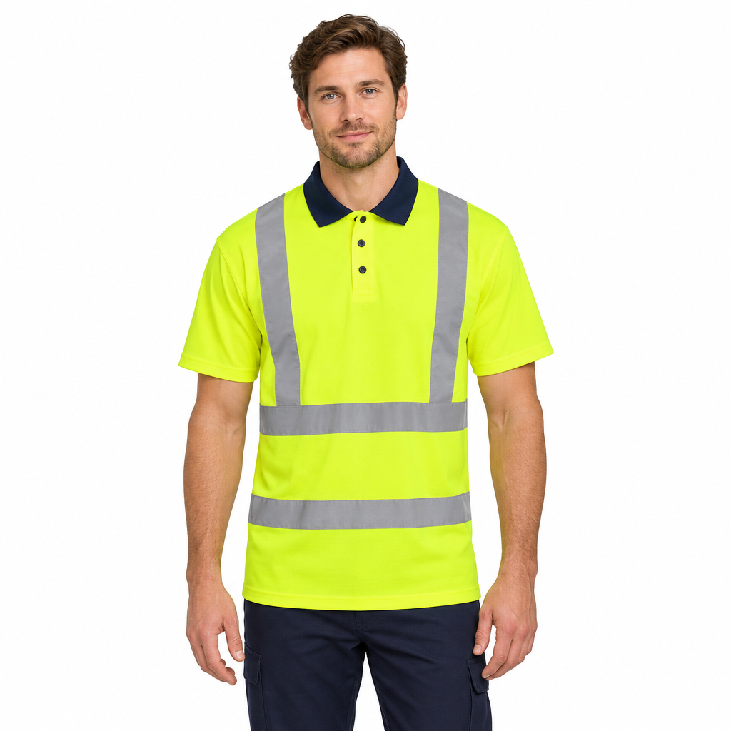 White male model wearing the Yellow/Navy Hi-Vis Polo