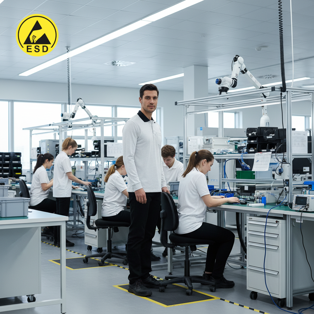 White Premium Heavy Duty ESD Polo Shirt Long Sleeve integrated scene