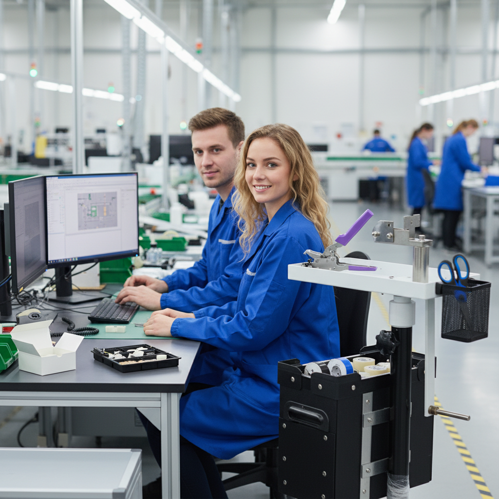 Woman and man at workstation with naturally integrated trolley
