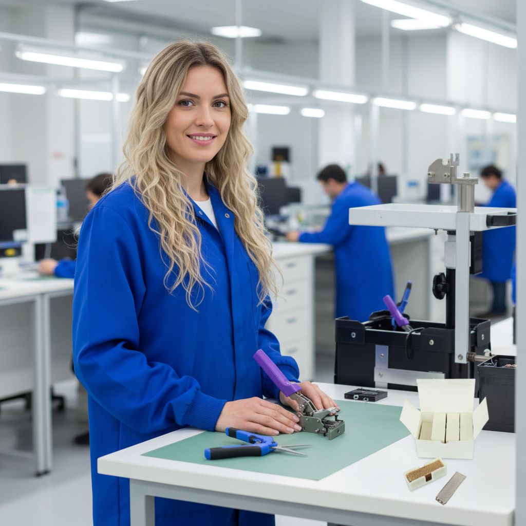 Woman looking forward with warm smile at desk with trolley and tools