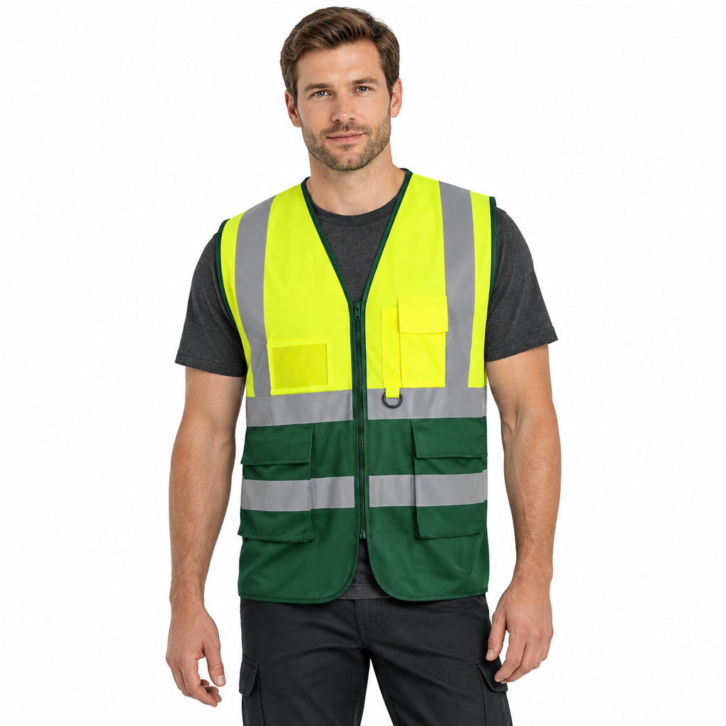 Yellow and green waistcoat on a male model